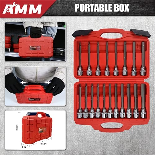 Image of AMM 3 /8 Inch Drive Extra Long allen hex bit socket set,19-Piece Standard SAE & Metric Allen socket set, S2 Alloy steel, Automobile repair tools (Pack of 2)