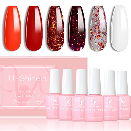 U-Shinein 6 Colors Nail Gel Kit, Red Orange White Nail Polish Glitter Sparkly Gel Nail Polish Gel Set Soak-off Nail Gel Polish UV LED Cure Needed Home DIY Salon Nail Art Gift