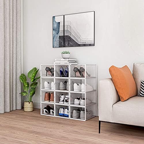 Meerveil Plastic Shoe Box, Stackable Shoe Boxes, L Size Up to UK 11, Shoe Boxes Set of 12, 36×28×21cm, Shoe Organizer with Door, DIY Easy Assembly, Transparent White