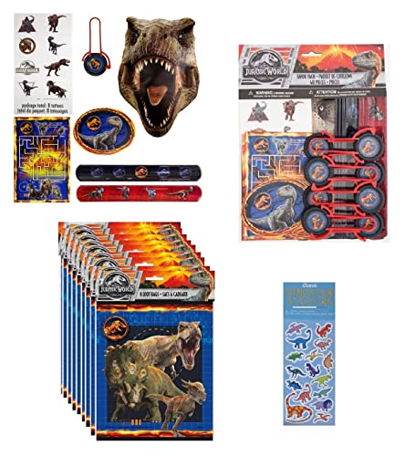 Jurassic World Party Supplies Bundle Pack Includes 8 Plastic Loot Bags, 48 Pc Favor Pack Includes 8 Sticker Sheets, 8 Tattoos, 8 Activity Sheets, 8 Slap Bracelets, 8 Paper Masks, 8 Disc Shooters