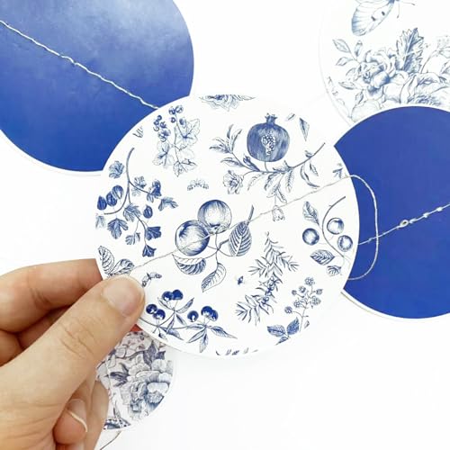 Image of Blue White Floral Party Decoration Dusty Blue Circle Dot with Floral Printed Polka Dots Garland Streamer for Chinoiserie Birthday Wedding Shower Engagement Bachelorette Party Decorations Supplies