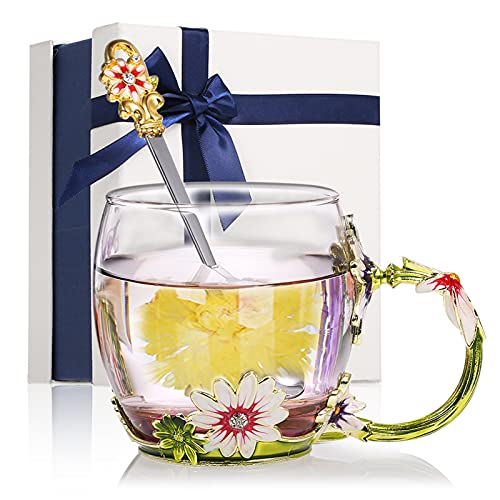 Hievomi Tasse à thé en verre émaillé rose bleue avec cuillère et boîte pour la famille, les amis et les enseignants Cover
