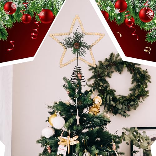 Gejoy Christmas Beaded Star Tree Topper Farmhouse Rustic Decoration with Berries Pine Cones Neutral Christmas Star Topper for Tree Decorations(Cone,Wooden) by Gejoy - Image 5