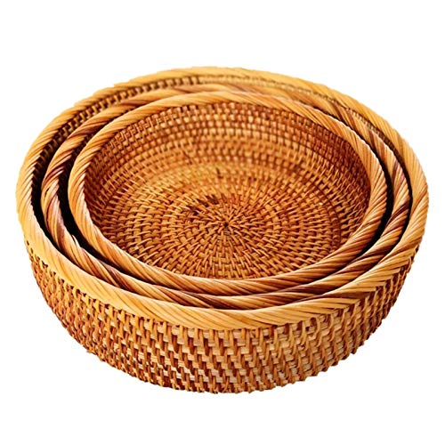 RattanStorage Basket Woven Serving Baskets Hadewoven Round Rattan Fruit Basket Wicker Food Tray Weaving Storage Holder Dinning Room Bowl (3-Size Kit)