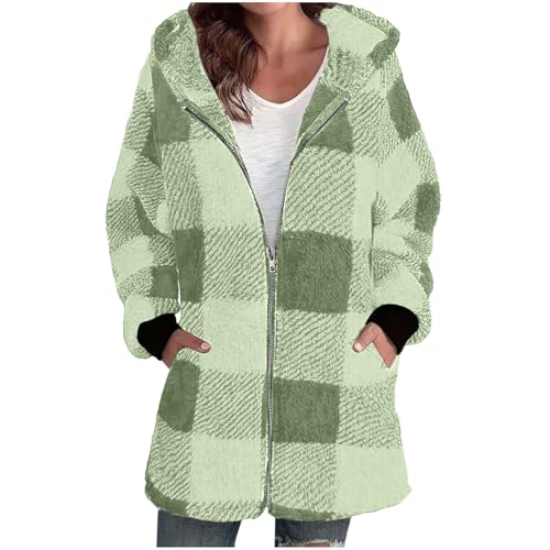 OVARA Checked Fleece Jacket Women Zip Up Long Fluffy Coats with Hood Thermal Long Winter Jackets Ladies Thick Wamr Fuzzy Overcoat Coatigans with Pockets