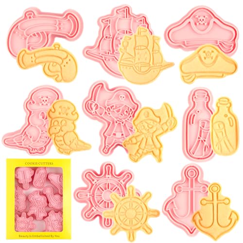 Set di 8 tagliapasta pirata per bambini, stampini per biscotti in plastica dei cartoni animati, pirata, cucina a forma di nave pirata, formine per biscotti fai da te