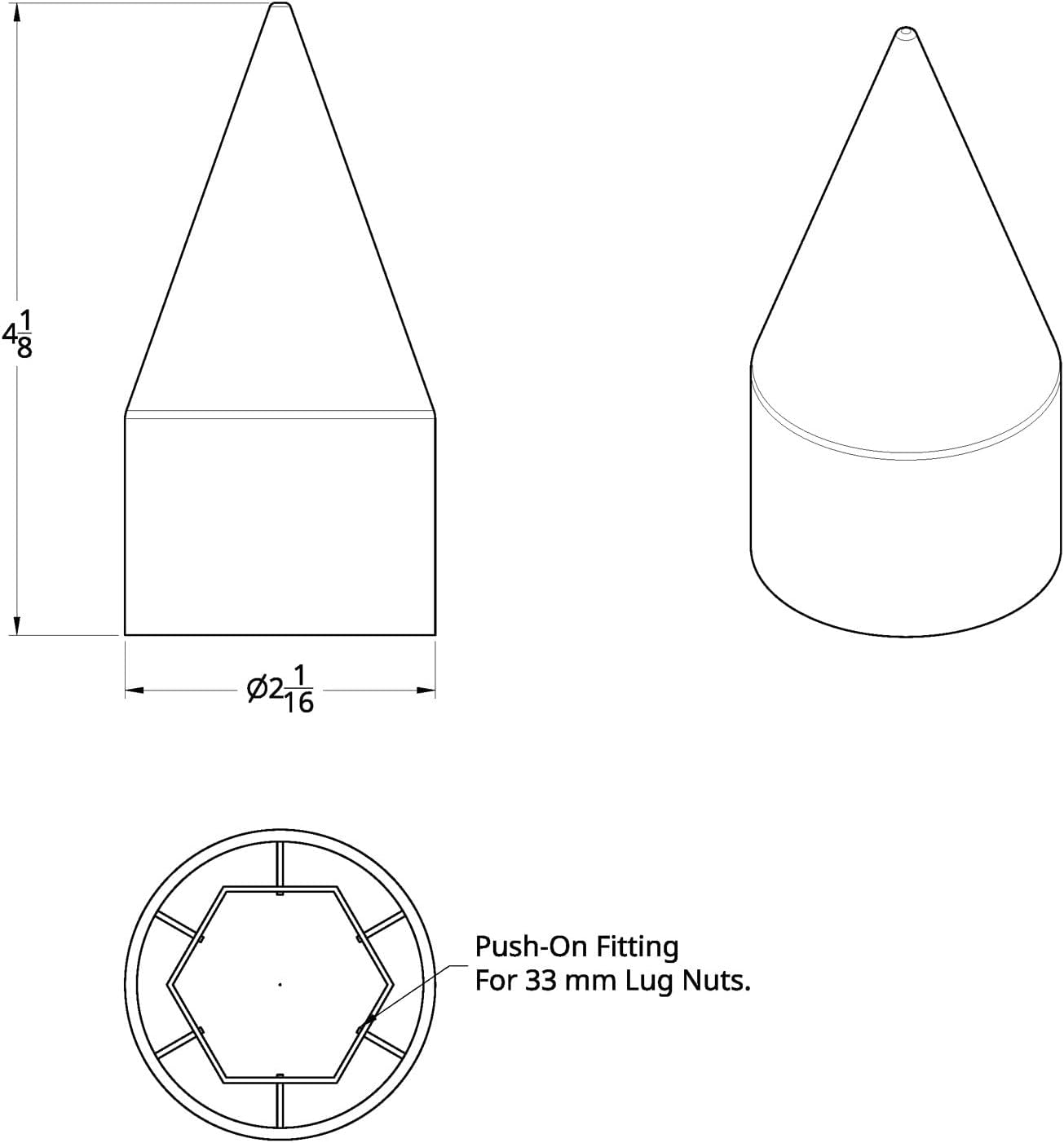 United Pacific 10566CB Wheel Lug Nut Cover Set, 33mm x 4 1/8", Chrome, Plastic, Spike, Push-On Style