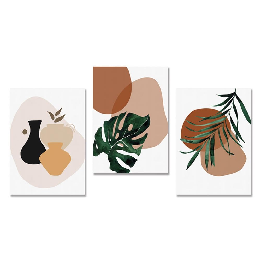 SOBMQ Pictures-Abstract Art Green Plants Leaves Canvas Anime Poster Modern Tropical Art Vase Stone Wall Office Room Decor Aesthetic Picture Painting-50 * 60cm-3PCS (No Frame)