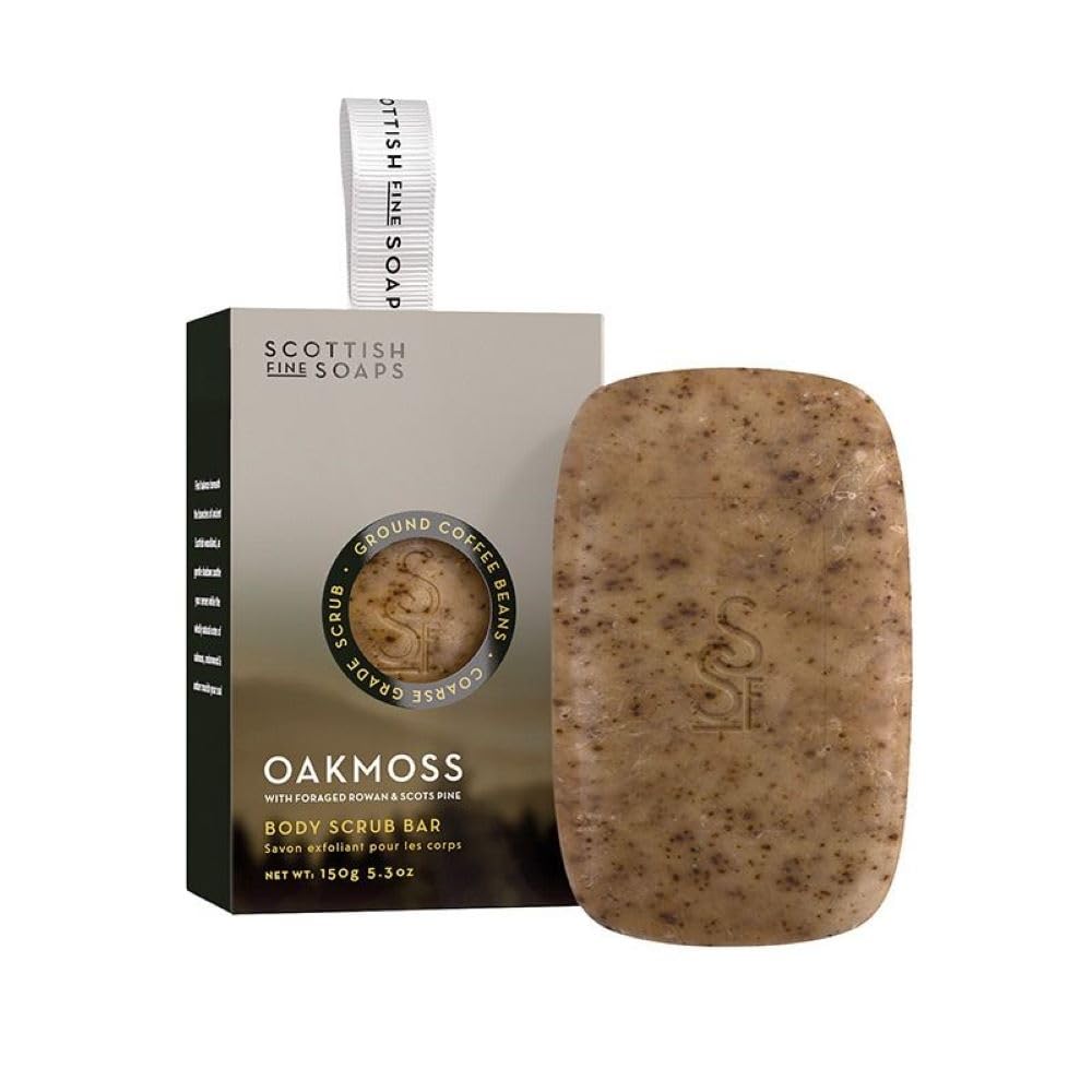 Scottish Fine Soaps Oakmoss Body Scrub Soap Bar 150g Coffee Exfoliating Soap with Natural Oakmoss and Woodland Botanicals