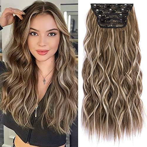 Einaey 4Pcs Mixed Brown Bleach Blonde Clip In Extensions For Women Full Head, 20 Inch Long Wavy Fiber Thick Double Weft Hair Extensions 20 Inch) #TOP4