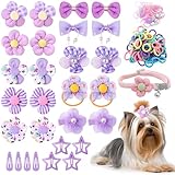 Cherocito 180+ Pcs Purple Dog Hair Accessories Set,Small Dog Hair Bows with Rubber Bands,Cute Puppy Hair Ties,Bowties for Small Dogs Cats,Dog Hair Clip,Floral Bell Collar,Flower Scrunchie