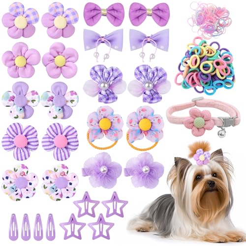 Cherocito 180+ Pcs Purple Dog Hair Accessories Set,Small Dog Hair Bows with Rubber Bands,Cute Puppy Hair Ties,Bowties for Small Dogs Cats,Dog Hair Clip,Floral Bell Collar,Flower Scrunchie