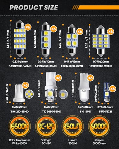 48Pcs Led Interior Car Lights Kit, Premium Bright White Led Bulb (194 T10 T5 De3175 578 31mm 42mm) | Dome Map Dash Door License Plate Tail Light Bulbs, Interior Lights for Cars, Trucks, Rv, Boat