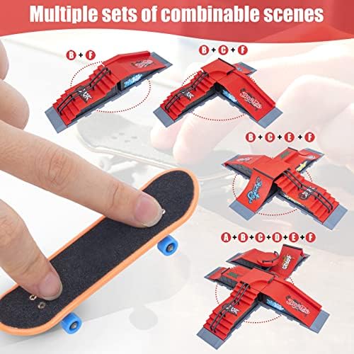 Finger Skateboard Ramp Set, 6PCS Combinations Mini Skate Ramp with Skateboards, Fingerboard Skate Park Kit Ultimate Finger Skating Training Props Deck Track Park Toy for Kids Birthday Gift (6-in-1)