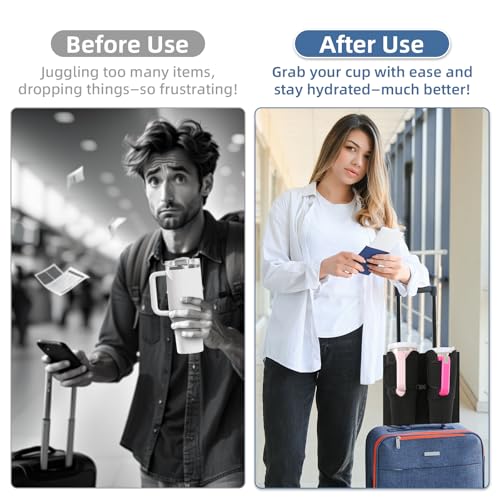 Image of Luggage Cup Holder for Suitcases, Compatible with 30-40 Oz Stanley Tumblers, Foldable Luggage Cup Holder with Phone & Ticket Pocket, Waterproof Hands-Free Travel Accessory (Black)