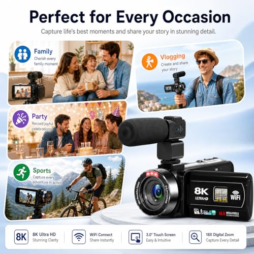 Video Camera, 8K Camcorder 48MP 15FPS UHD WiFi Vlogging Camera with IR Night Vision for YouTube, 3" Touch Screen 18X Digital Zoom, with Fill Light, Mic, Stabilizer, Lens Hood, Remote and 2 Batteries