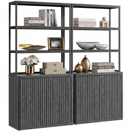 SICOTAS Book Shelf Fluted Bookshelf 71" Tall Bookcase with Doors Storage 5 Tier Mid Century Modern Bookshelves Large Shelves Metal Book Cases for Living Room Office Kitchen Library