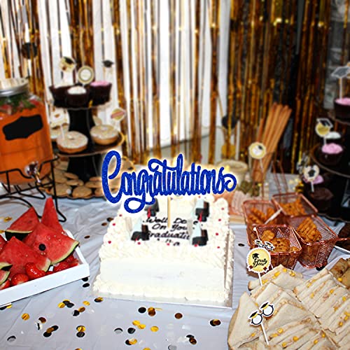 Blue Glitter Congratulations Cake Topper - Congrats Grad Graduation Party Photo Props, Wedding/Birthday/Retirement Party Supplies #TOP2