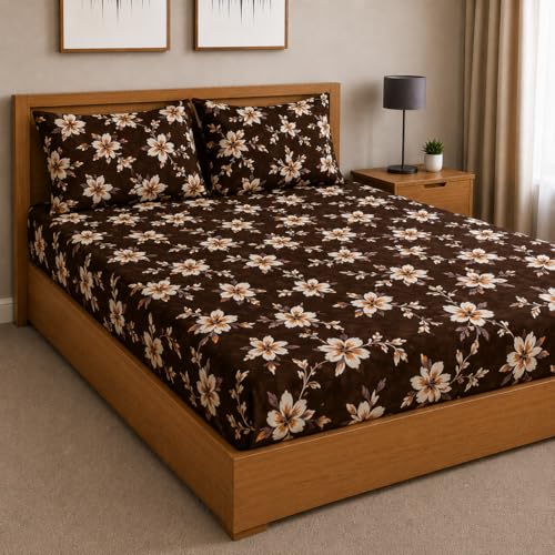 Image of Warm Flannel (Flano) King Size Winter Fitted Bedsheet | All Side Elastic Premium Winter Soft Velvet Furnishing Bed Sheet with 2 Big Pillow Cover Size - 72 x 78 X 8 Inches Chololate Brown
