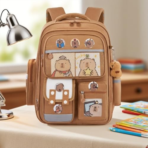 Cute Pink Capybara Backpack Cute Kawaii Cartoon Backpack for Girls & Boys Multiple Compartments Travel Daily Use (Light Pink)2