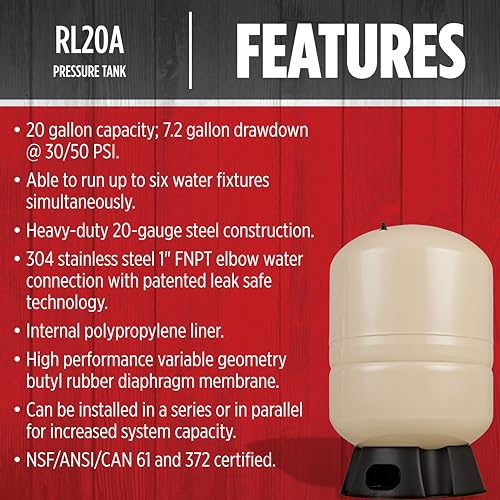 Red Lion RL20A - 20-Gallon Vertical Pre-Charged Pressure Tank with Thermoplastic Base for Well Pumps, 1-Inch FNPT Elbow System Connection, Almond, 604682 - Thumbnail 3