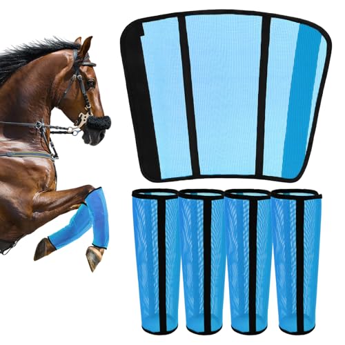 Fly Boots for Horses Set of 4 – Innovative Curved-Edge Design, Anti-Sag Stays, Breathable Mesh Leg Protection, Reduces Stomping & Fatigue, Comfort Fit for Medium to Large Horses - Blue