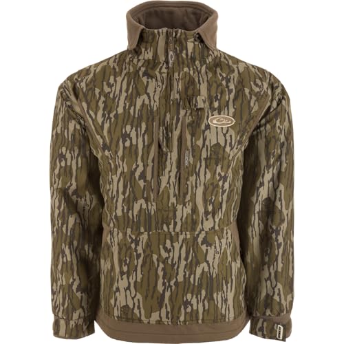 Drake Waterfowl Men's MST Waterproof Fleece-Lined 1/4 Zip Hunting Windproof Breathable Pullover Jacket with Multiple Pockets, Mossy Oak Original Bottomland, X-Large