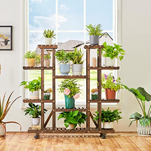 Yaheetech Blumenregal Holz 6 Ebenen Blumenständer Blumenbank mit Rädern für Balkon Wohzimmer Outdoor Garten
