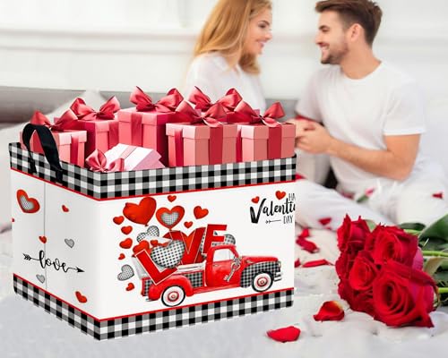 Image of Valentines Day Basket for Kids Heart Shaped Empty Storage Bins for Gifts with Handles Room Decor (Black Checkered Red Truck)