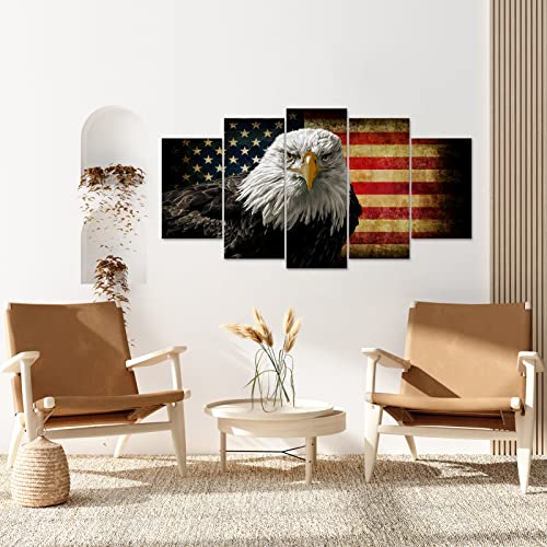 Ilooklike 5 Panels Retro American Flag Bald Eagle Us Military Canvas Wall Art Vintage Usa Stars And Stripes Painting Prints Stretched And Framed For Living Room Office Bedroom Ready To Hang #TOP2