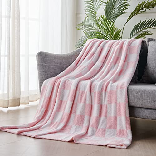 Brichoee Throw Blankets Checkered Reversible Microfiber Blankets, Super Soft Warm Cozy Fluffy Blankets For Couch Bed Sofa Camping Travel (Pink, 51"X63") #TOP4