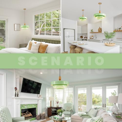 Image of Mint Green 3-Tier Pendant Light, Mid-Century Modern Wood Accent Hanging Lamp with 59 inch Adjustable Cord, E26 Base for Kitchen Island, Dining Room & Boho Bedroom
