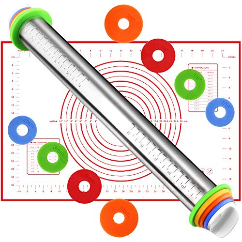 Rolling Pin and Silicone Dough Mat Set Stainless Steel Dough Roller with 4 Removable Adjustable Thickness Rings Roller Pin for Baking Cookies Pizza Crust Pie Pastries Pasta Chapati