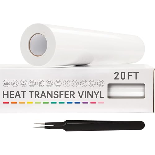 VinylRus Heat Transfer Vinyl-12” x 20ft White Iron on Vinyl Roll for Shirts, HTV Vinyl for Silhouette Cameo, Easy to Cut & Weed