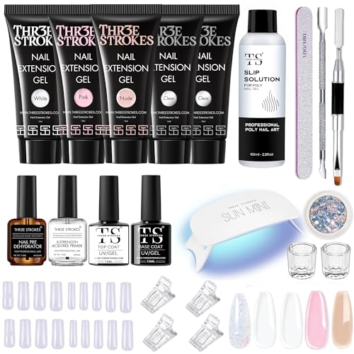 THR3E STROKES TOXIC FREE Poly Nail Gel Extension Kit for Builder Gel, UV Nail Art Kit, Nail Extension Set, Glue-Free Manicure and Pedicure Set (21 Items in Set) (THE OP KIT)