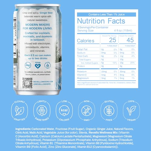 Image of Revello Mixers Ginger Beer - Mixer Infused with Electrolytes, Antioxidants, Vitamins & Minerals - Low Sugar & Calories - Premium Beverage for Crafted Cocktails & Mocktails - 8 fl oz (Pack of 4)