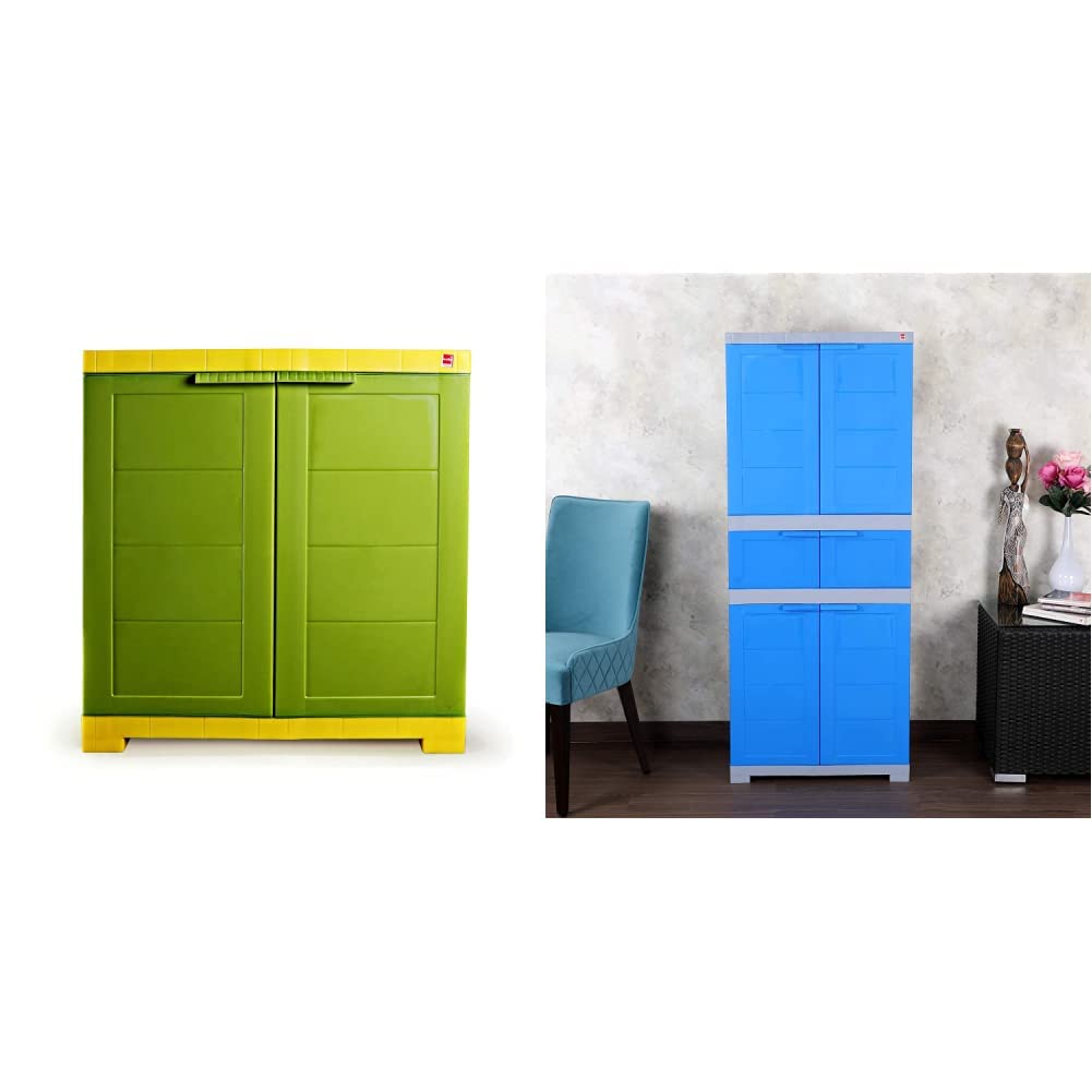 Cello Novelty Plastic 2 Door Compact Storage Cupboard (Green and Yellow) &  Novelty Triplex Plastic 2 Door Cupboard with 4 Shelves(Blue and Grey)