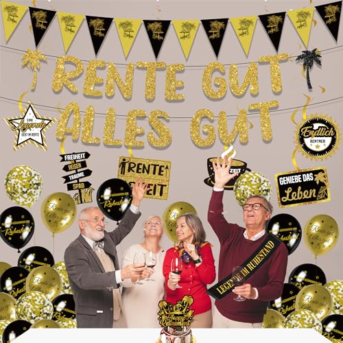 Rente Deko Ruhestand Party Banner - 35 Stück Rente Gut Alles Gut Banner Rentner Gold Schwarz Luftballons Ballons Girlande Tortendeko Endlich Dekoration Für MäNner Frauen Pensionierung Party Geschenk