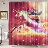 DYNH Funny Animals Shower Curtain, Cool Sloth Riding Unicorn in Space Shower Curtains, Fabric Fantasy Shower Curtain for Bathroom 12PCS Hooks, 69X70IN