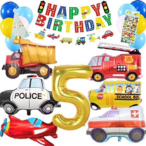 BALLOON DAYS はたらくくるま 消防車 救急車 パトカー 飛行機 バス ダンプカー 誕生日 風船 数字 青 水色 パーティーグッズ 可愛い 男の子 女の子 (5, ゴールド)
