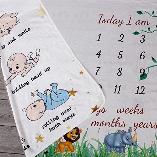 Image of vmaisi Baby Milestone Blanket Gifts - Newborn Boy & Girl Monthly Year Infant Growth Blankets Nursery Swaddling Blankets (Green Animals - Baby, Double Printed)