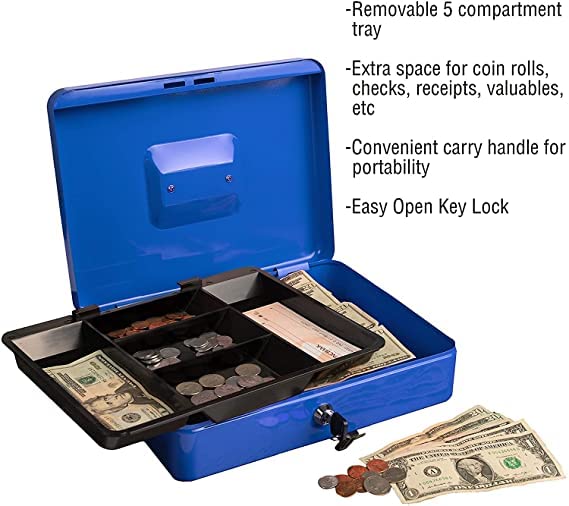 Image of Lukia 10 inch Steel Cash Box (Money Storage Box /Coin Box) with Coin Compartments | Cash Box with Lock and Key