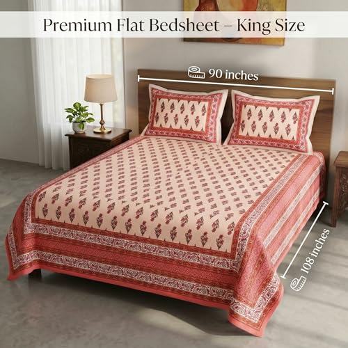 Image of Mafatlal 144 TC Heritage 100% Cotton Traditional Jaipuri Print Queen Size Bedsheet (90x108 Inches) with 2 Matching Pillow Covers - Flat, Garnet Red