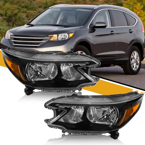 Headlight Assembly Compatible with Honda CR-V 2012 2013 2014 Halogen Type Pair Set of OE-Style CRV Headlamp Replacements for 33100T0AA01 33150T0AA01 W/O Bulbs Black Housing Amber Reflector