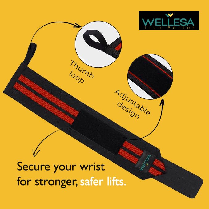 Image of Wellesa Wrist Support for Gym Workout | Wrist Band for Pain Relief & Weight Lifting | Wrist Wrap for Men & Women | Wrist Brace | Gym Accessories | One Size (Red 2 Line)