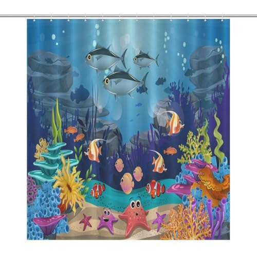 JADERYS Kids Shower Curtain Cartoon Underwater Ocean Nature Cute Sea Animals Starfish Coral Art Print Waterproof Bath Curtain for Bathroom Decor with 12 Hooks 66x72 Inch