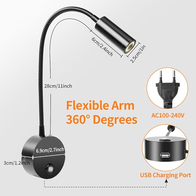 HOTUT HOTUT leeslamp wandmontage, Wandleeslamp met schakelaar LED flexibele zwanenhals lamp, dimbare bedleeslamp, leeslamp aan de muur gemonteerd, wandmontage bedlampje stekkerlamp voor slaapkamer - zwart photo 2