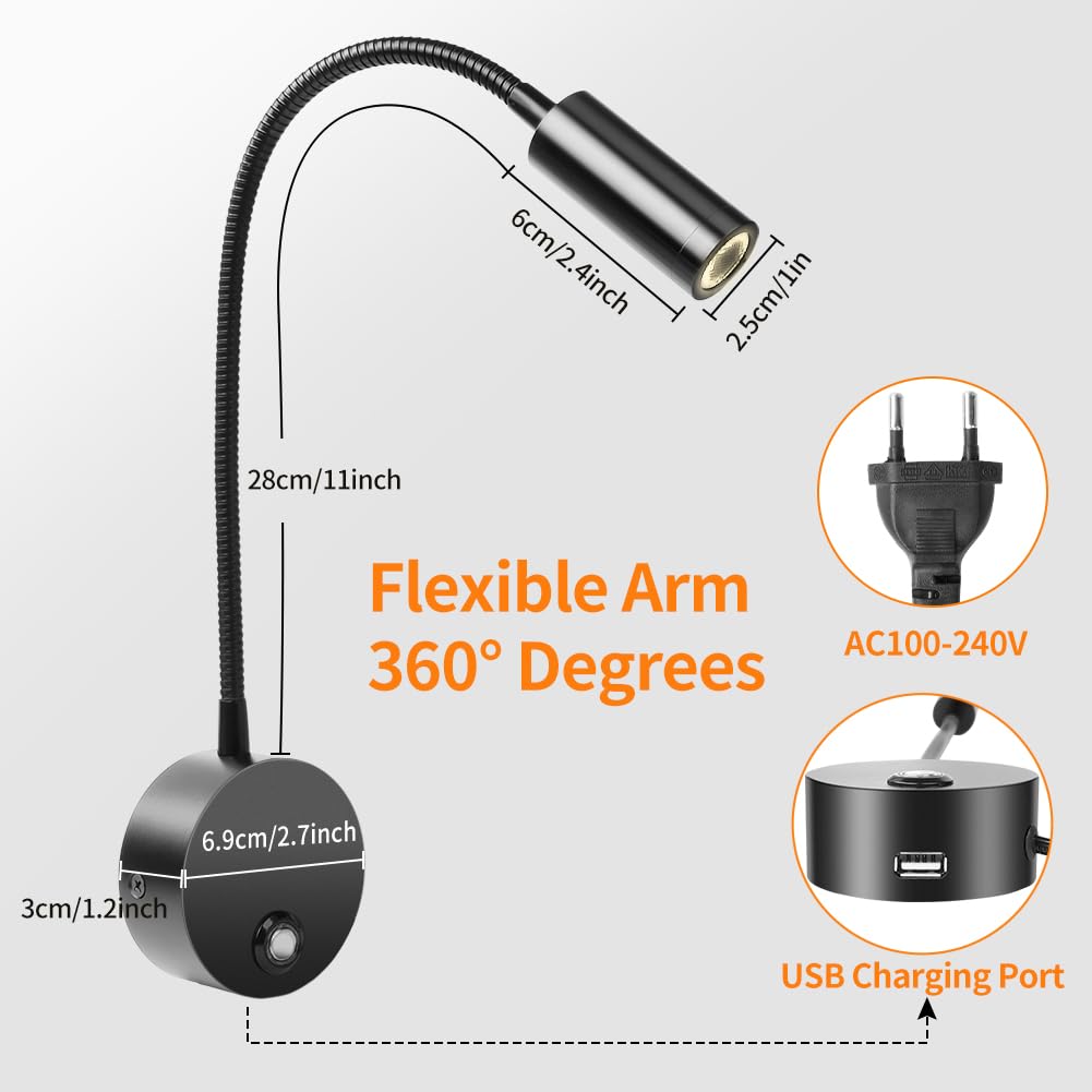HOTUT Lampada da Lettura da Parete, Lampada da Lettura Sul Comodino a Collo di Cigno, Luce da Lettura da Comodino Dimmerabile, Applique da Lettura LED con Porta di Ricarica USB, 3000/4500/6000K