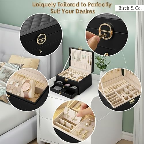 Image of Birch & Co. Jewellery Box - 3 Layer jwell organizer storage box, Portable Travel-Friendly Storage. Elegant Storage Case for Rings, Earrings, Necklaces & Bracelets, Black