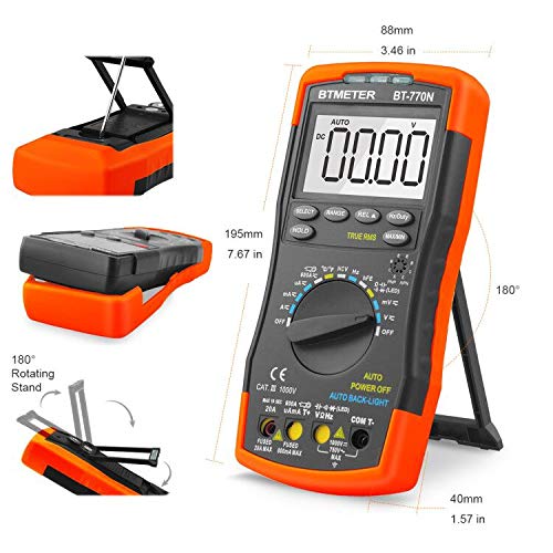 BTMETER BT-770N TRMS Auto Manual Ranging Multimeters, 6000 Counts Digital Multimeter AC DC Amp Ohm Volt Meter hFE LED Capacitor Tester to 99.99mF with Thermometer Backlit